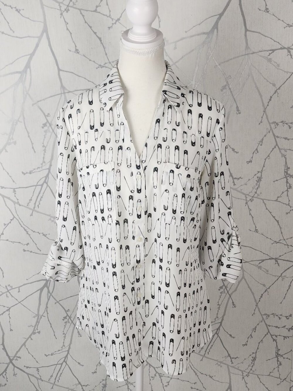 Express White Safety Pin Print Button Front Portofino Shirt